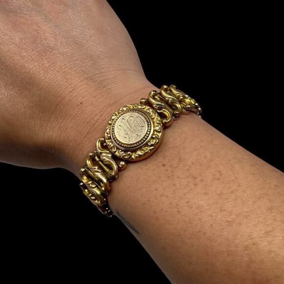 Antique 1905 Minerva Gold Filled Stretch Bracelet Engraved Monogram 27.9g Read - Picture 2 of 13